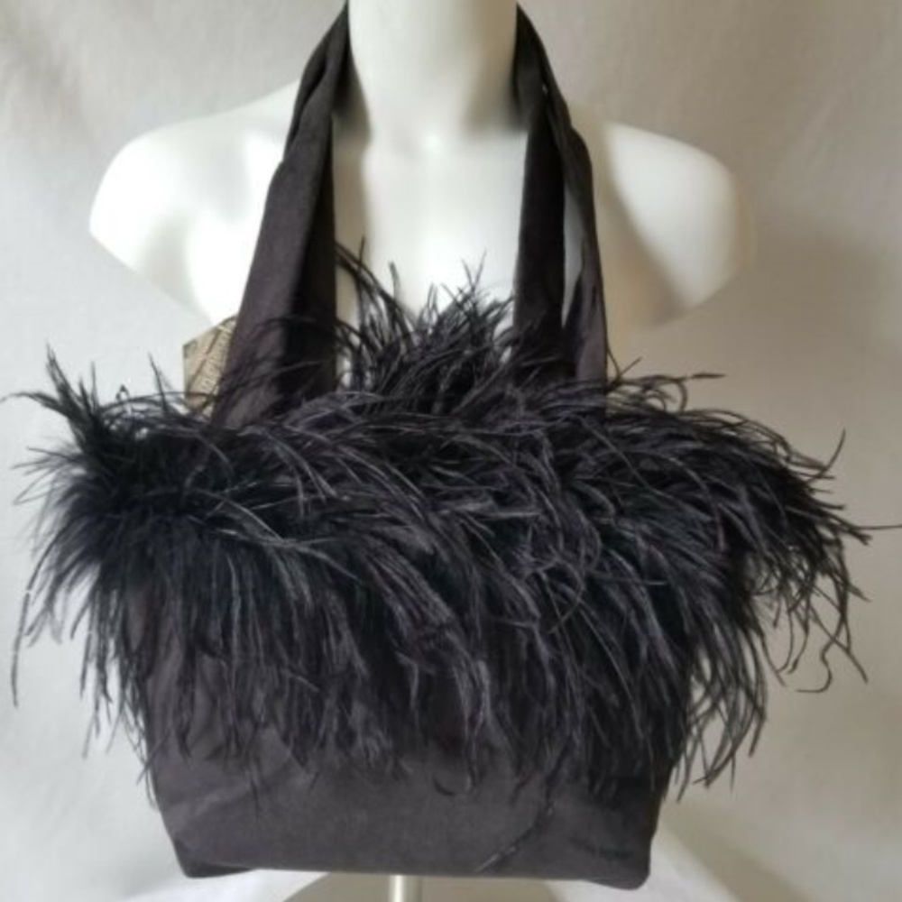 MaryJean Black Handbag With Ostrich Feather NWT